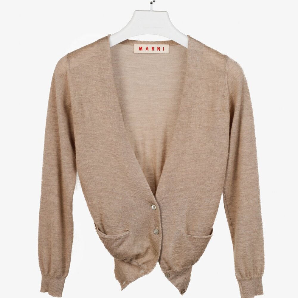 Marni Oatmeal Brown Cashmere V-Neck Cardigan